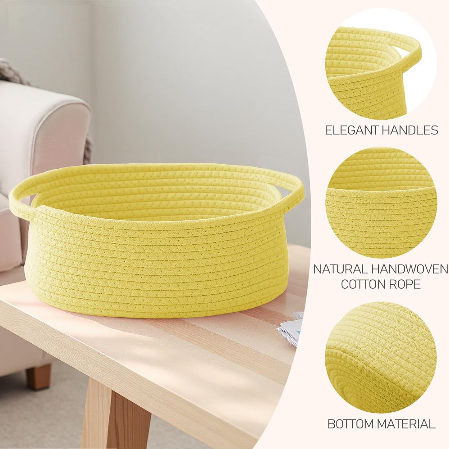 JMvicyroam Woven Basket,Small Rope Storage Bin with Handles & Ribbon Bag, Organizer for Shelves Closets,Gift Basket Empty for Birthday,Books,Dog Toys,White