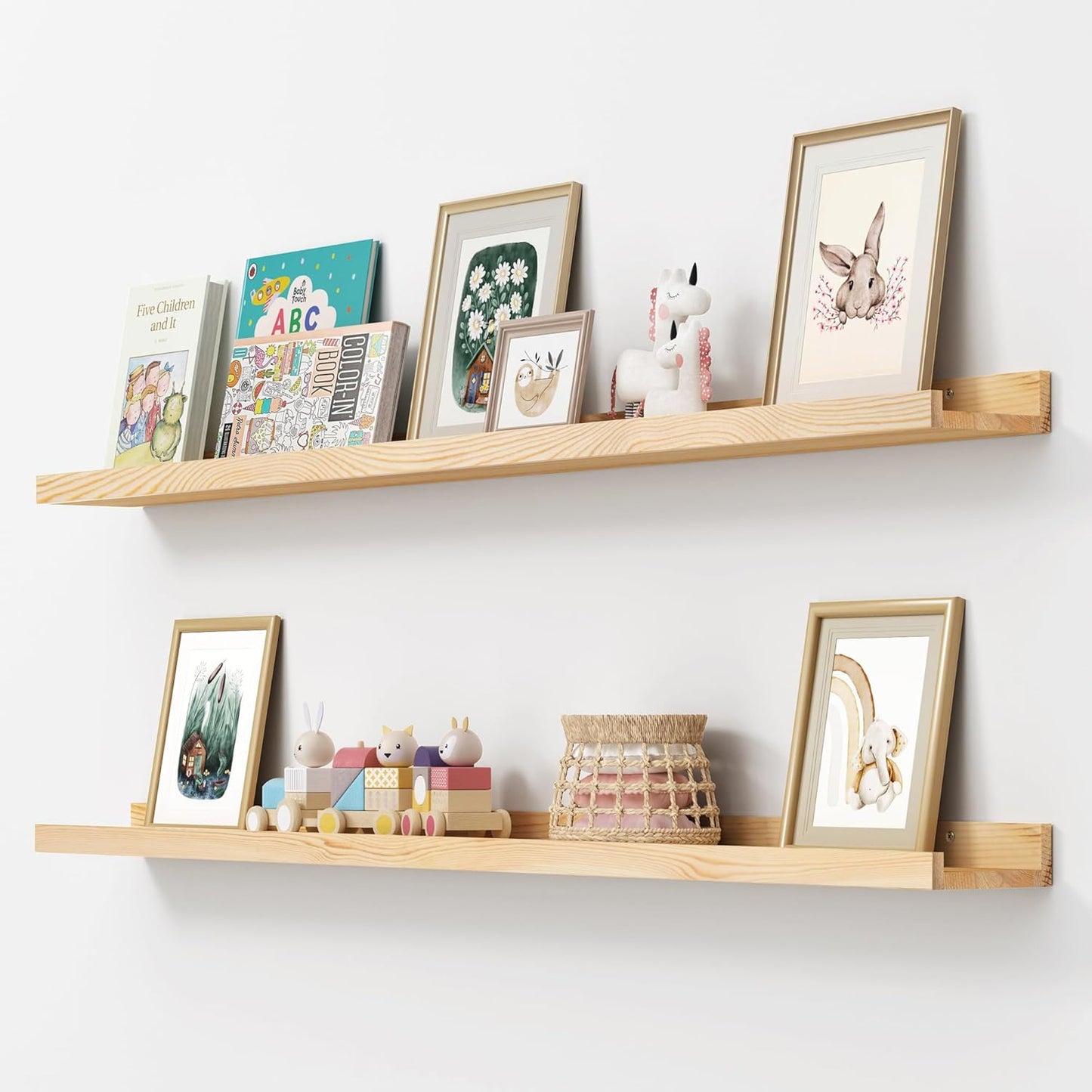 FLYJOE Picture Ledge Shelf, Floating Shelves Set of 2, Solid Pine Wood 55'' Long Large Nursery Book Shelves for Toys Storage, Kids Bookshelf for Living Room Bedroom Decor Books Photo Frames, Walnut