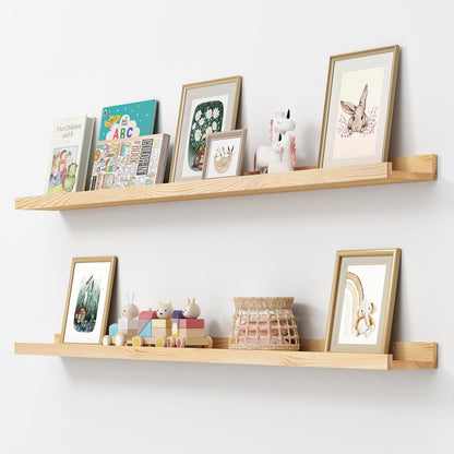 FLYJOE Picture Ledge Shelf, Floating Shelves Set of 2, Solid Pine Wood 55'' Long Large Nursery Book Shelves for Toys Storage, Kids Bookshelf for Living Room Bedroom Decor Books Photo Frames, Walnut