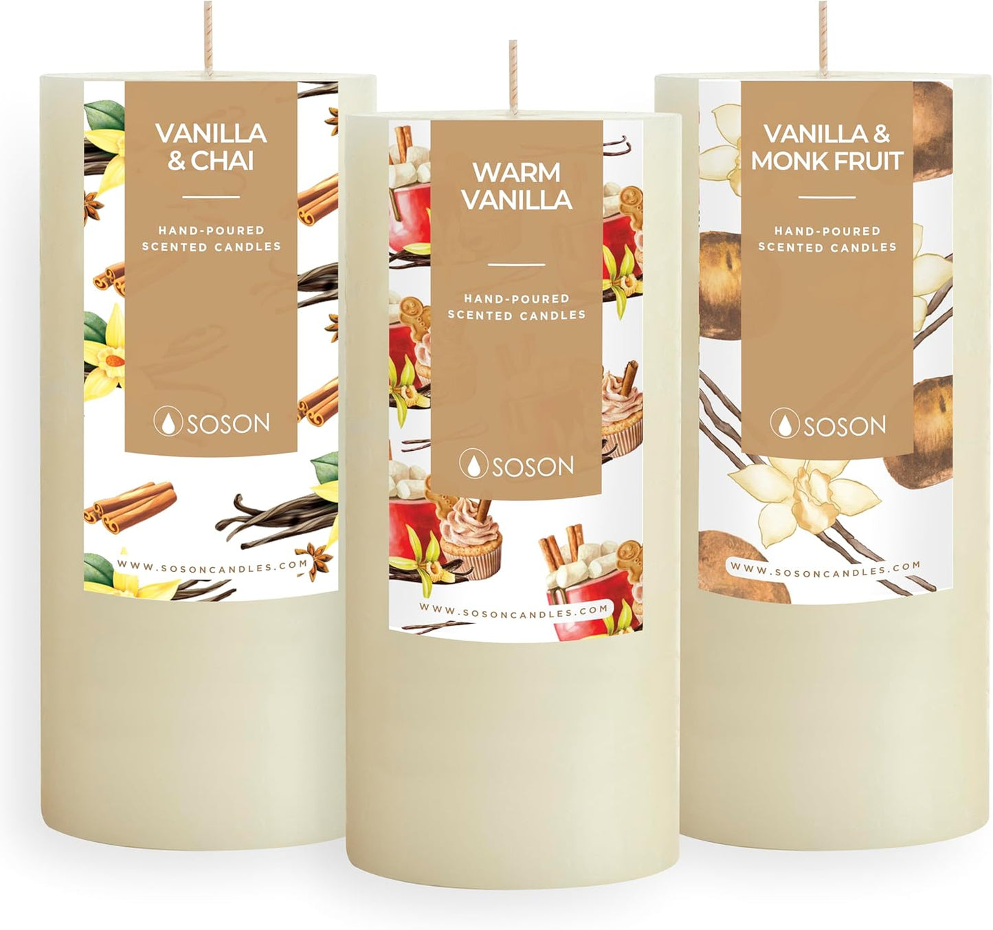 Simply Soson Warm Vanilla Scented Candle Set - 3x6 Ivory Pillar Candles for Home, Aromatherapy, Women, Fall