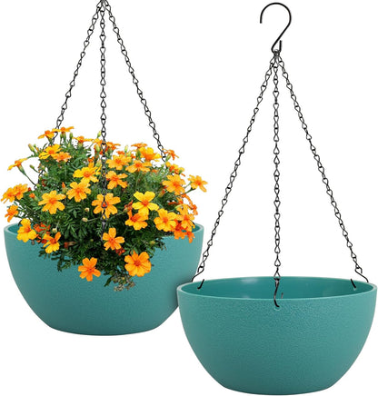 Meowell 10 inch Hanging Planters for Indoor Outdoor Plants, 2 Pack Hanging Flower Pots with Drainage Holes and Chain for Garden Porch, Plastic Hanging Baskets for House Plants, Speckled Grey