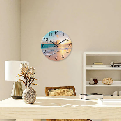 Beach Wall Clock Battery Operated 12 Inch Glass Wall Clock Non Ticking Analog Blue Wall Clocks for Bedroom Living Room Office Decor