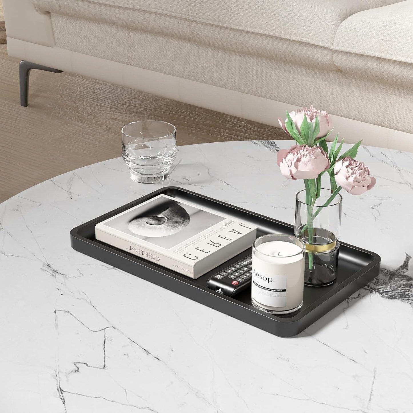 Bathroom Vanity Tray for Countertop - Bamboo Organizer Tray for Dresser Tops, Toilet, Perfume Small Decorative Tray Wood Tray for Home Decoration 11.81” L x 6.1” W x 0.79” H Black