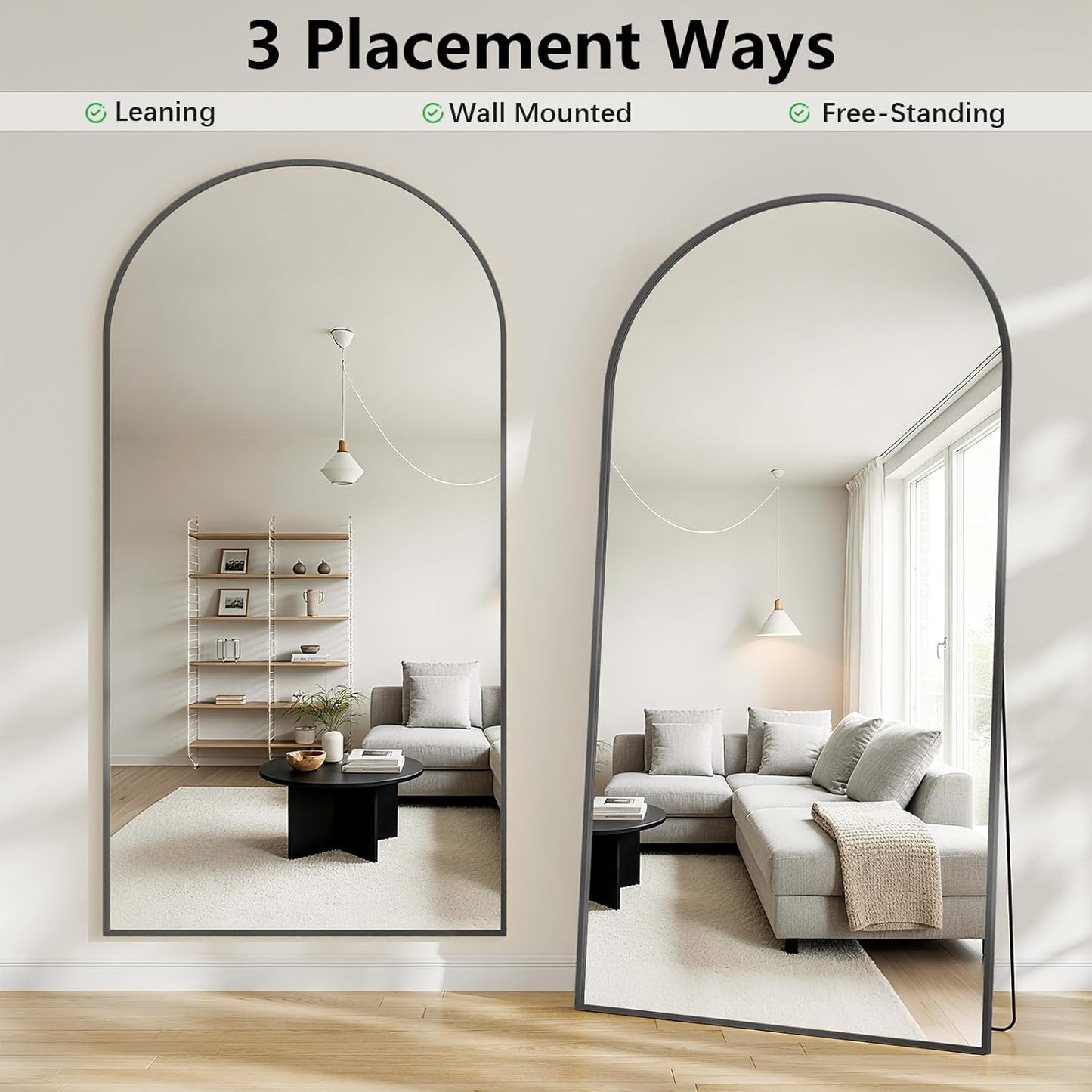 57" x 20" Arched Full Length Mirror - Wall Mounted/Floor Mirror Aluminum Alloy Frame Full Body Mirrors for Bathroom Living Room Bedroom and Entryway,Black