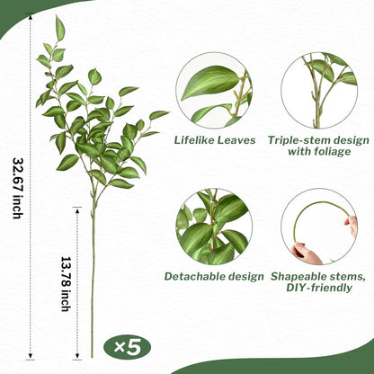 Waipfaru 5PCS Greenery Stems for Vases, 32.7 inch Artificial Eucalyptus Green Fake Leaves Branches, Faux Olive Silk Plants for Centerpieces Vase Filler Home Kitchen Pottery Barn Decor