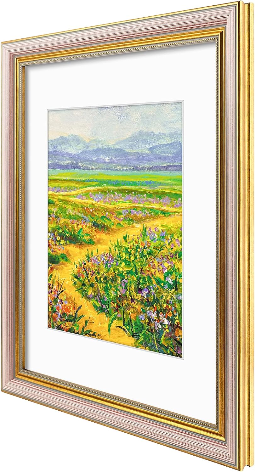 Golden State Art,11x14 Ornate Picture Frame for 8x10 Photo with Mat or 11 x 14 Prints without Mat,Real Glass Wall Display(Color:Green Gold)