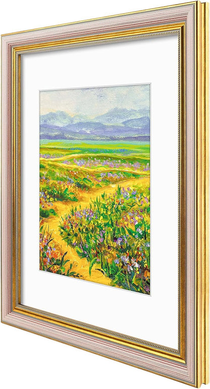 Golden State Art,11x14 Ornate Picture Frame for 8x10 Photo with Mat or 11 x 14 Prints without Mat,Real Glass Wall Display(Color:Green Gold)