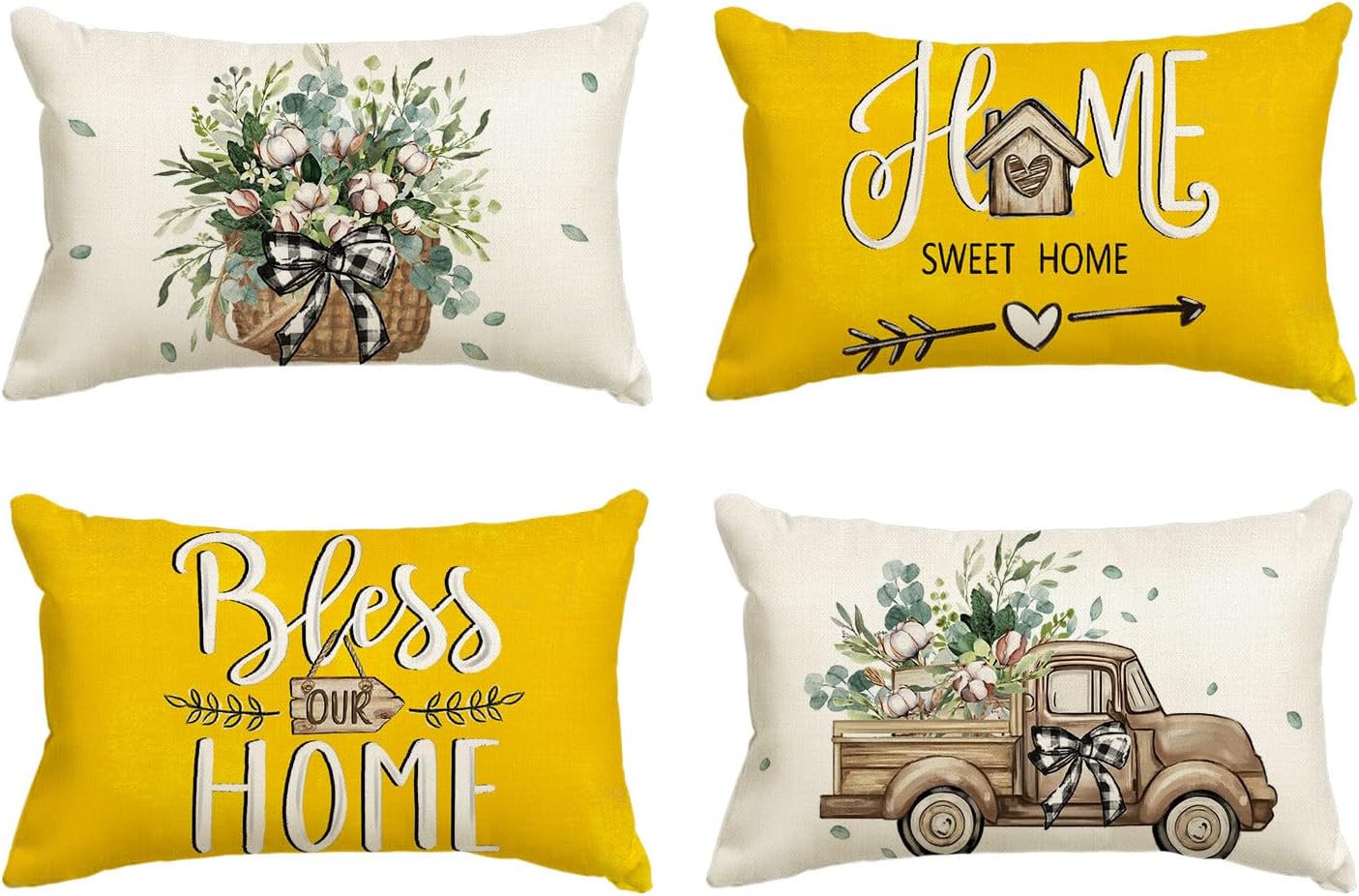 AVOIN colorlife Bless Our Home Farmhouse Eucalyptus Leaves Throw Pillow Covers, 18 x 18 Inch Truck Home Sweet Home Cushion Case Decorations Set of 4