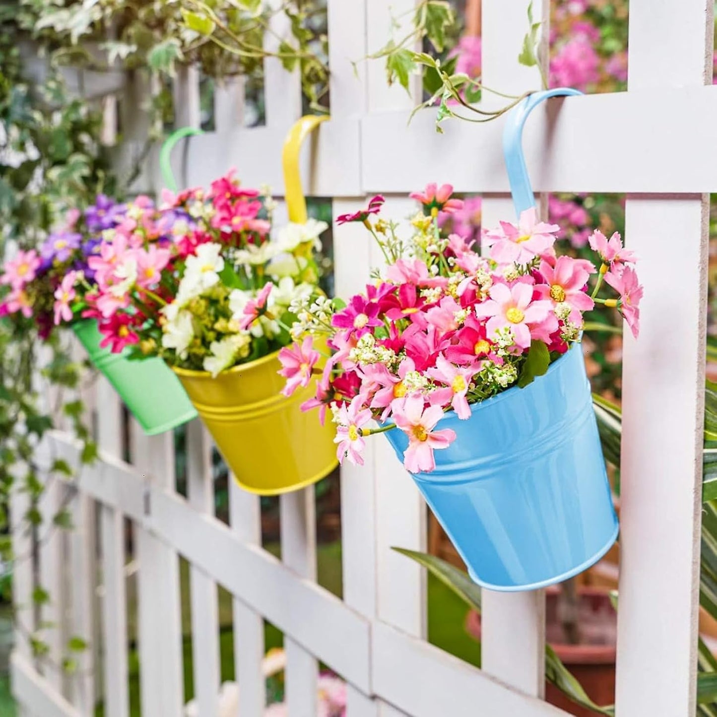 KINGLAKE Flower Pots,10 Pcs Metal Iron Hanging Flower Plant Pots Balcony Garden Plant Planter Baskets Fence Bucket Pot 4'' Flower Holders with Detachable Hook