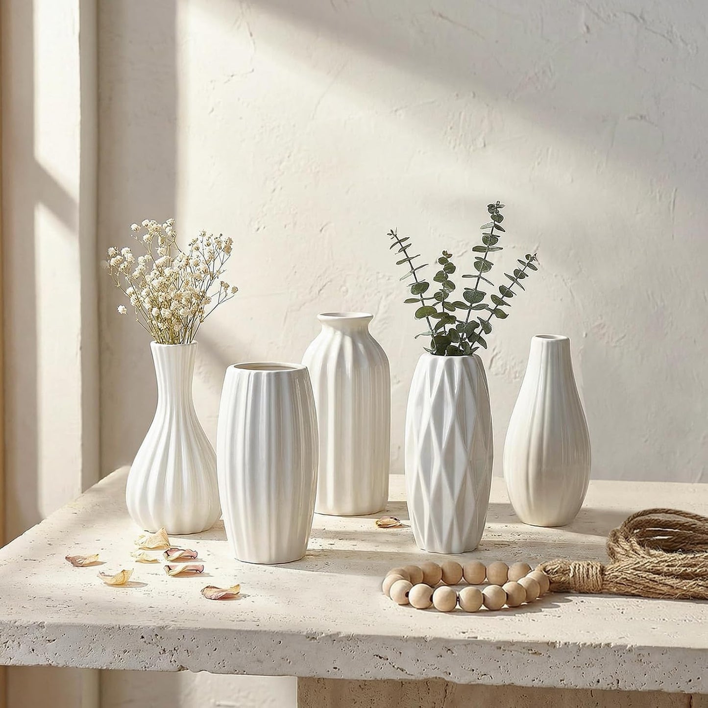BEAHOT Ceramic Bud Vases Set of 12 - Matte Mini White Jars Bulk | Small White Ceramic Vases for Centerpieces, Wedding Floral Arrangements, DIY Crafts & Boho Table Decor (No Repeating Designs)