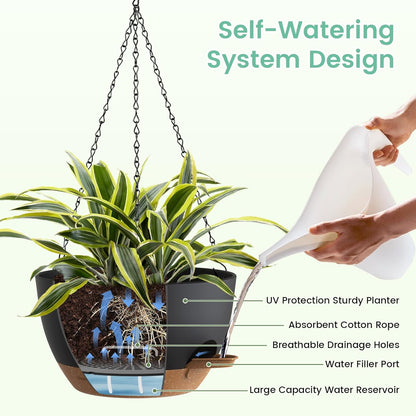 UOUZ Set of 3-10 Inch Self Watering Hanging Planters for Indoor Outdoor，Hanging Plant Pots with Drainage & Removable Tray, Hanging Pots Holder for Ivy, Pothos, Ferns, Balcony & Patio, Black with Brown