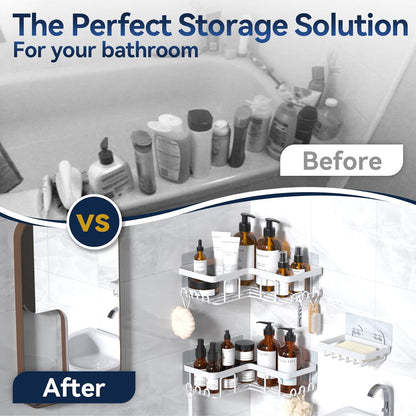 YASONIC Corner Adhesive Shower Caddy, with Soap Holder and 12 Hooks, Rustproof Stainless Steel Bathroom Organizer, No Drilling Wall Mounted Rack, Black, 3-Pack