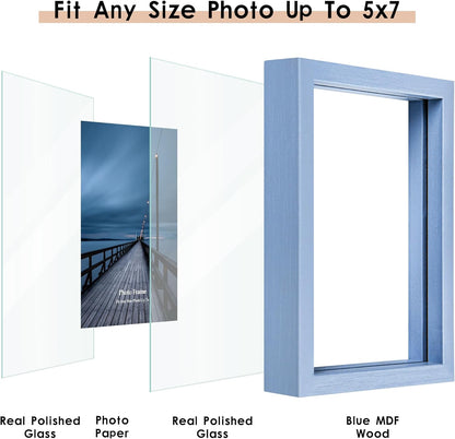 MUYE 11x14 Floating Frame Set of 2,Double Glass Rustic Frame,Display Any Size Photo up to 11x14,Wall Mount or Tabletop Standing,Natural