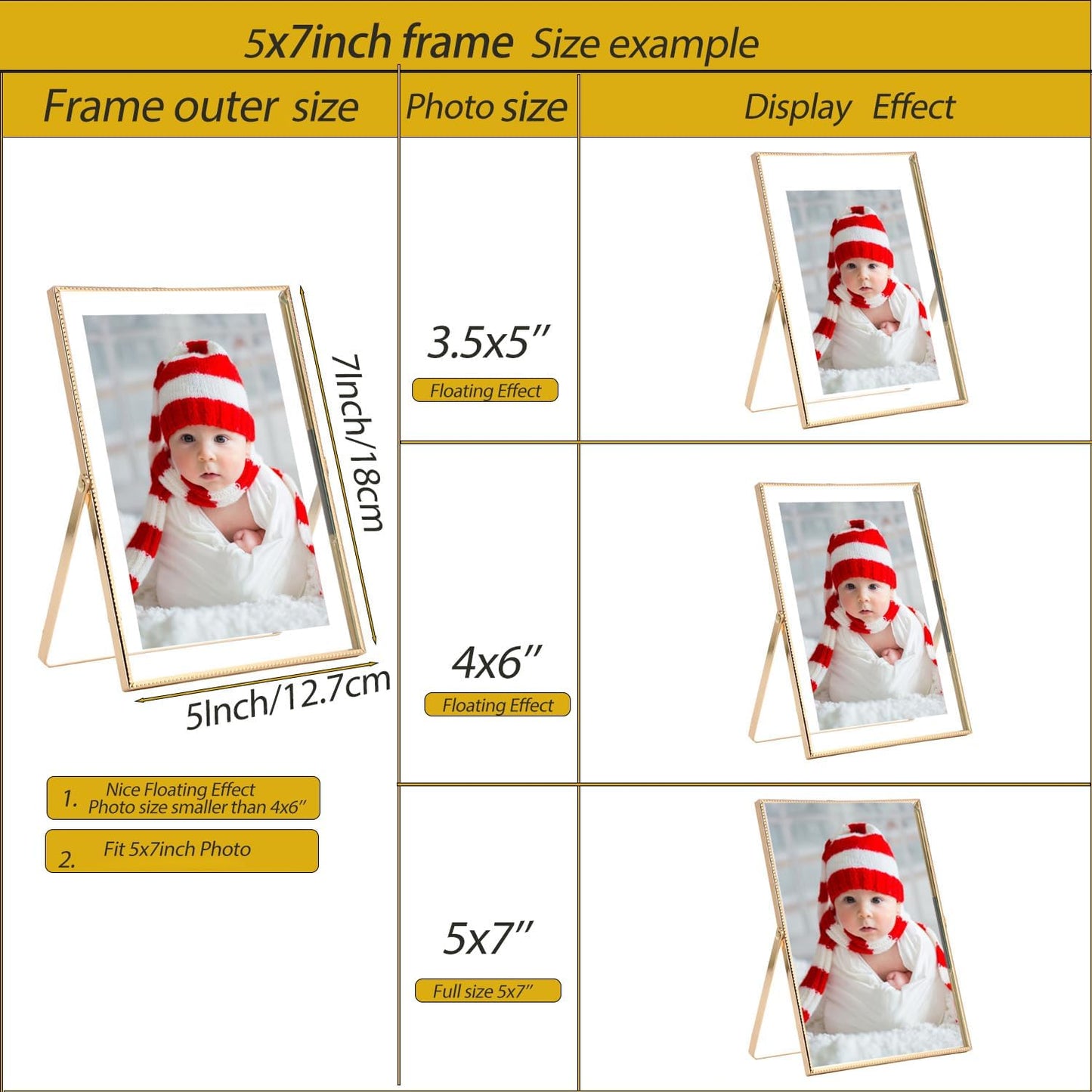 Gold 6x8'' Floating Photo Frame 2 Pack, Beaded Metal Frame Fits 3.5x5'', 4x6'' & 5x7'' Pictures, Adjustable Tabletop & Shelf Display, Elegant Wedding Gift for Home Decor