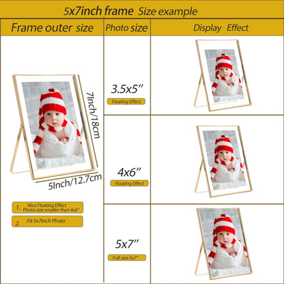 Gold 6x8'' Floating Photo Frame 2 Pack, Beaded Metal Frame Fits 3.5x5'', 4x6'' & 5x7'' Pictures, Adjustable Tabletop & Shelf Display, Elegant Wedding Gift for Home Decor