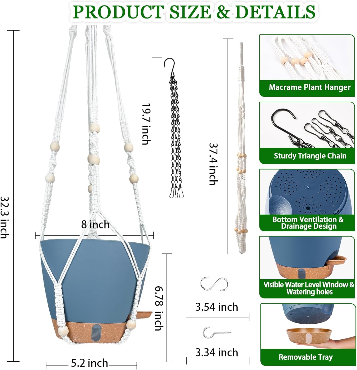 10 Inch Hanging Planters for Indoor Plants, 2 Pack Self Watering Hanging Baskets Flower Pots with Drainage Hole, Visual Reservoir & 2 Kinds of Plant Hanger for Outdoor Garden Home Decor (White)