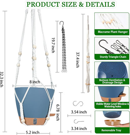 10 Inch Hanging Planters for Indoor Plants, 2 Pack Self Watering Hanging Baskets Flower Pots with Drainage Hole, Visual Reservoir & 2 Kinds of Plant Hanger for Outdoor Garden Home Decor (White)