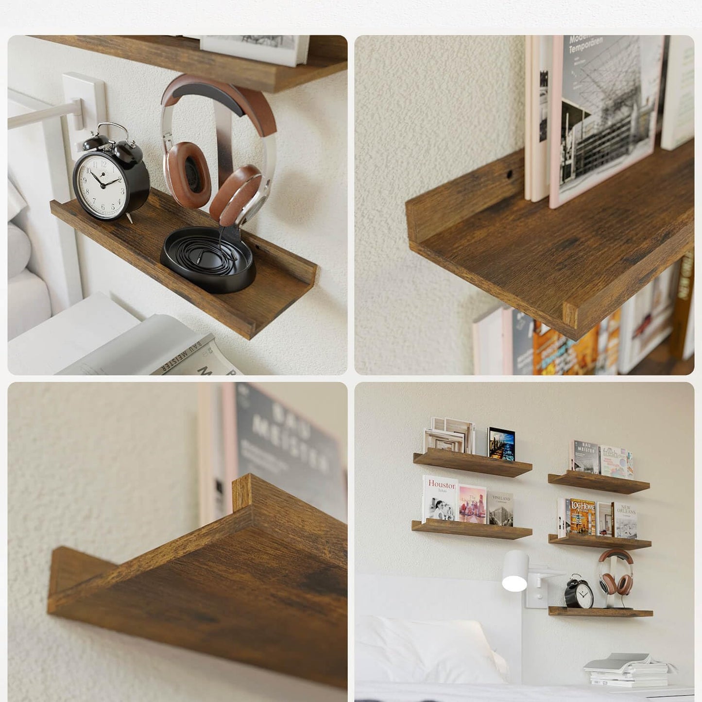 RICHER HOUSE 5 Set Floating Wall Mounted Shelves, Black Shelves for Wall Decor, Modern Picture Ledge Shelf with Lip for Storage, Nursery, Bedroom, Living Room, Bathroom - Black