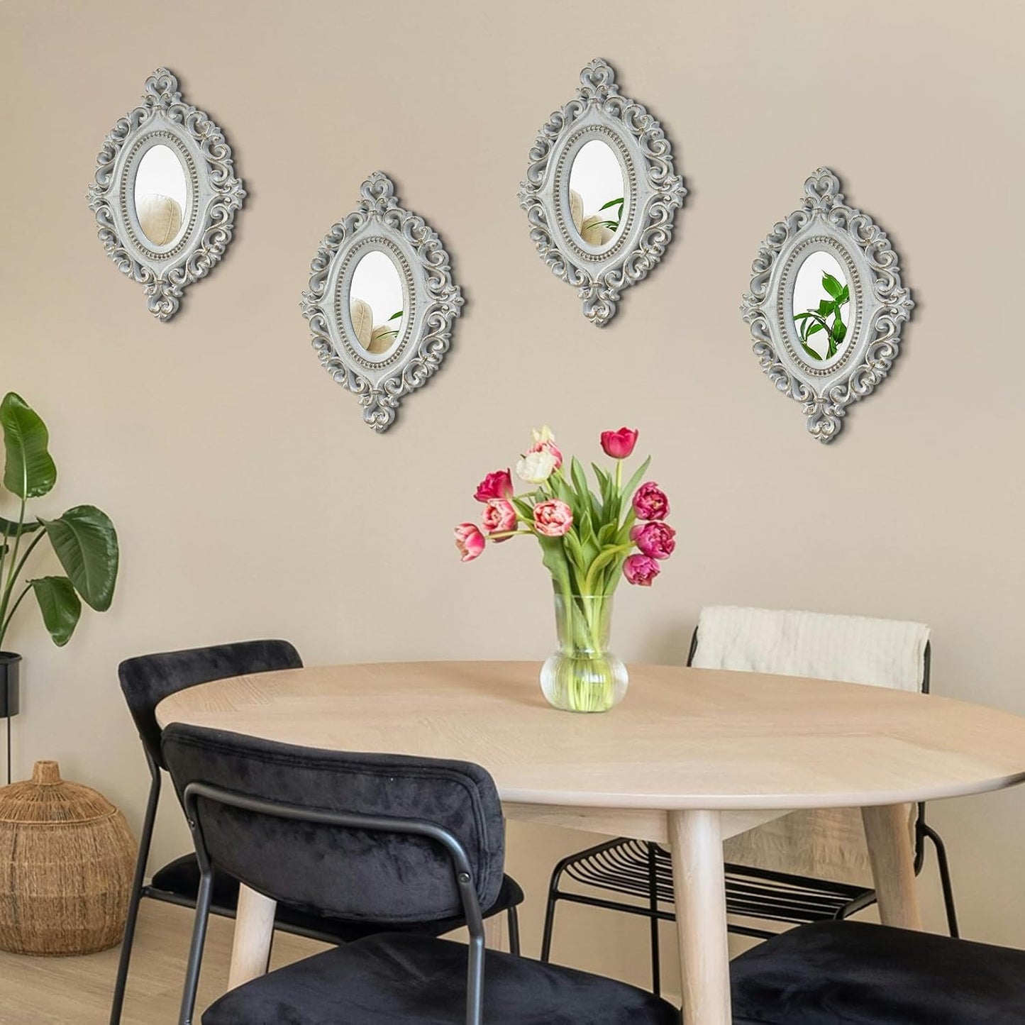 ZEXUIRU 4 Set. Rustic Wall Mirrors for Bedroom Bathroom Living Room Entryway Wood Farmhouse Square Easy to Hang Framed Decorative Accent Hanging Wall-Mounted Mirror Set for Living Room - Black