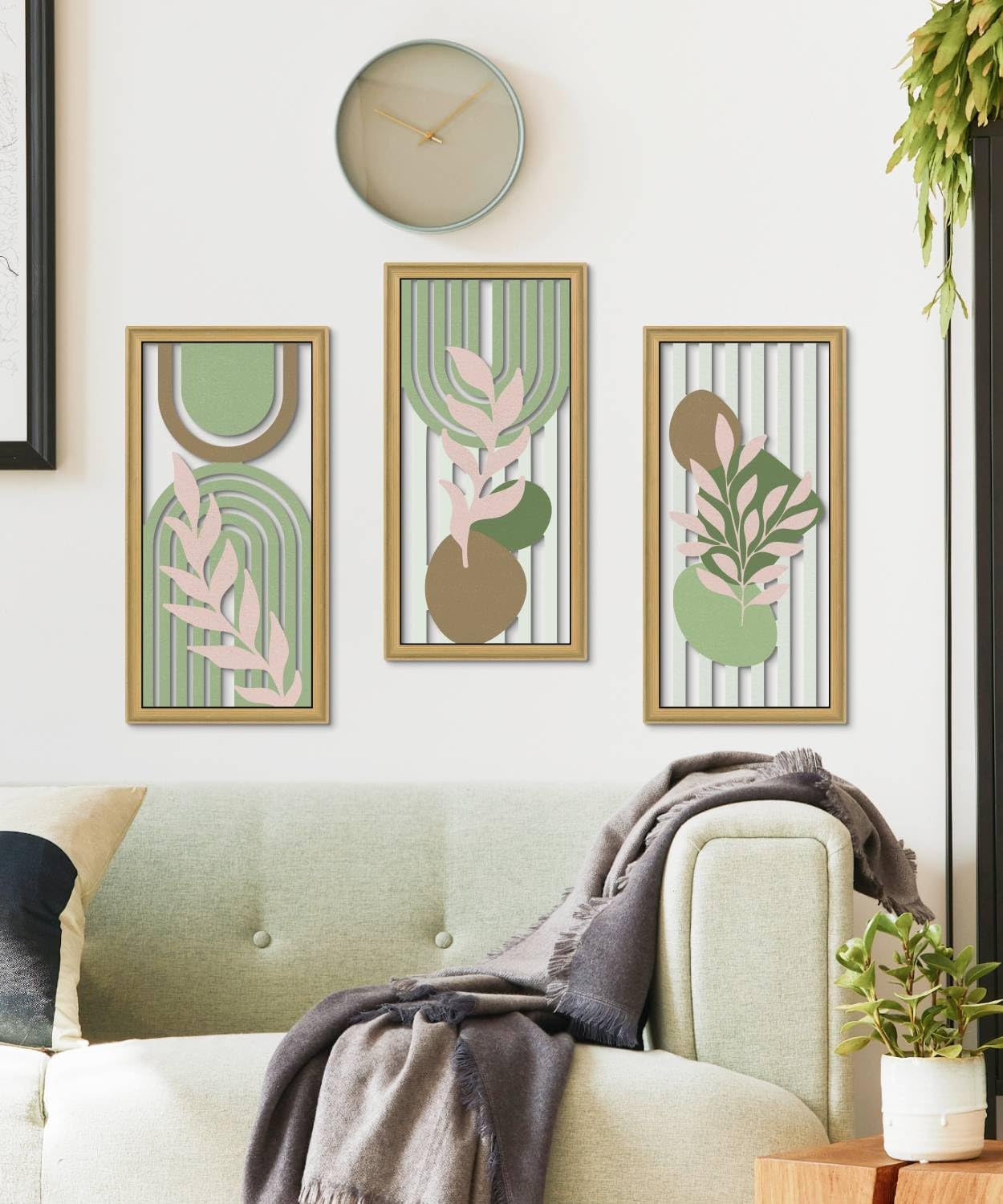 Putuo Decor Boho Abstract Wall Art, Set of 3, Modern Botanical Wooden Wall Decor, Blue Mid-Century Minimalist Framed Artwork for Living Room Bedroom, Office