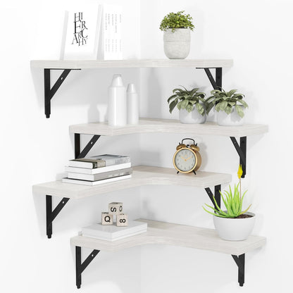 ROMGUAR CRAFT Corner Floating Shelves Wall Mounted Set of 4, Rustic Wood Storage Display Shelves for Home Decor, Bathroom, Kitchen, Bedroom, Living Room, Office (Black)