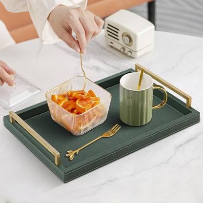 XIGEXIGE Ivory Shagreen Decorative Tray Large Rectangle Coffee Table Tray for Ottoman Faux Leather Serving Tray with Brushed Gold Handles