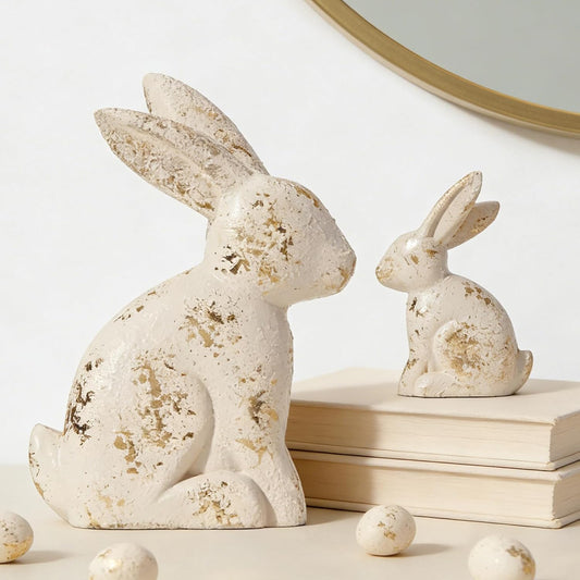 DN DECONATION Golden Polyresin Bunny Decor Rabbit Figurines, Easter Bunny Statue Set of 3 for Spring Tabletop Decor