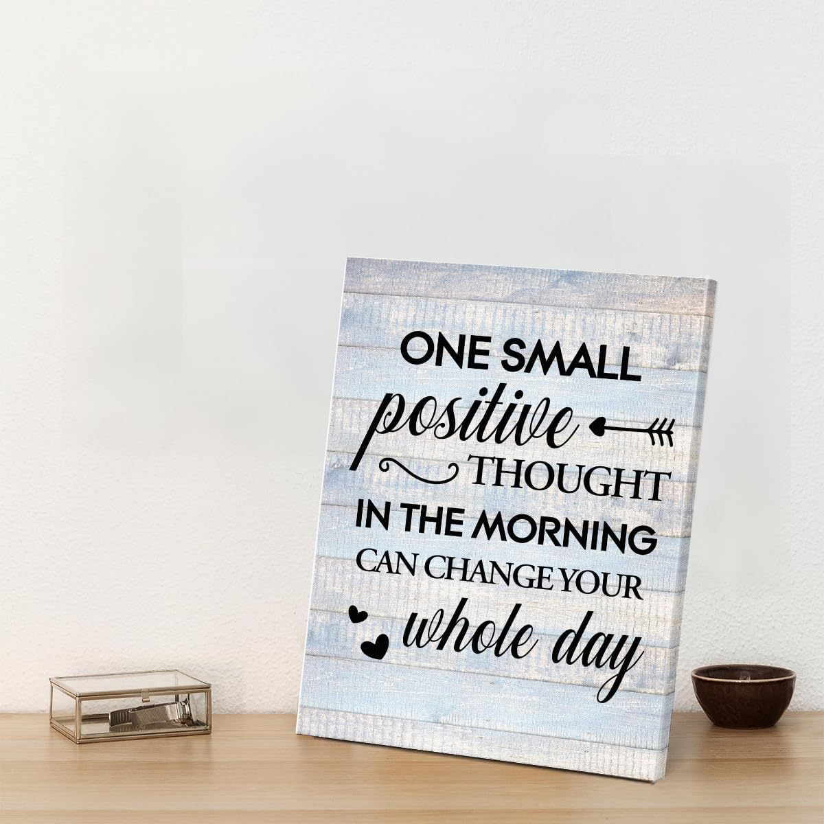 Inspirational Farmhouse Canvas Print Wall Art Decor One Small Positive Thought in the Morning Can Change Your Whole Day Sign Painting Plaque Rustic Home Decoration (8 X 8 Inches, Framed)