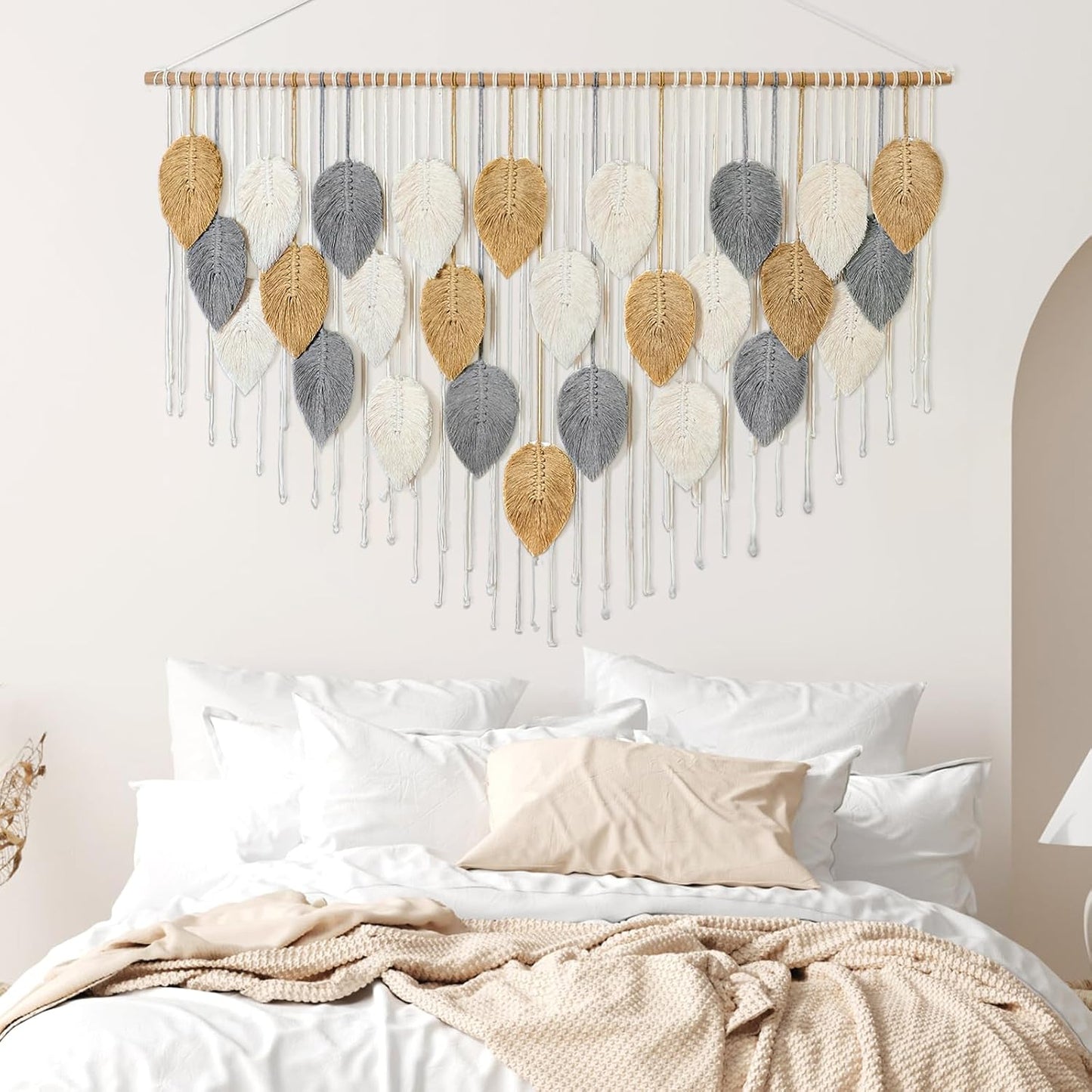 KHOYIME Large Macrame Wall Hanging Boho Woven Tapestry, Chic Home Decor Modern Bohemian Handmade Leaf Feather Wall Art Decorations for Apartment Dorm Living Room Bedroom Nursery Backdrop 39"W X 29.5"L