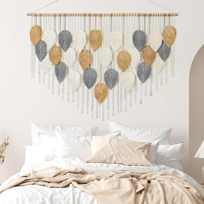 KHOYIME Large Macrame Wall Hanging Boho Woven Tapestry, Chic Home Decor Modern Bohemian Handmade Leaf Feather Wall Art Decorations for Apartment Dorm Living Room Bedroom Nursery Backdrop 39"W X 29.5"L