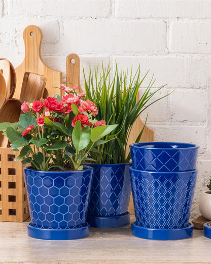 BUYMAX Plant Pots Indoor –5 inch Ceramic Flower Pot with Drainage Hole and Ceramic Tray - Gardening Home Desktop Office Windowsill Decoration Gift, Set of 4-Plants NOT Included (Patina)
