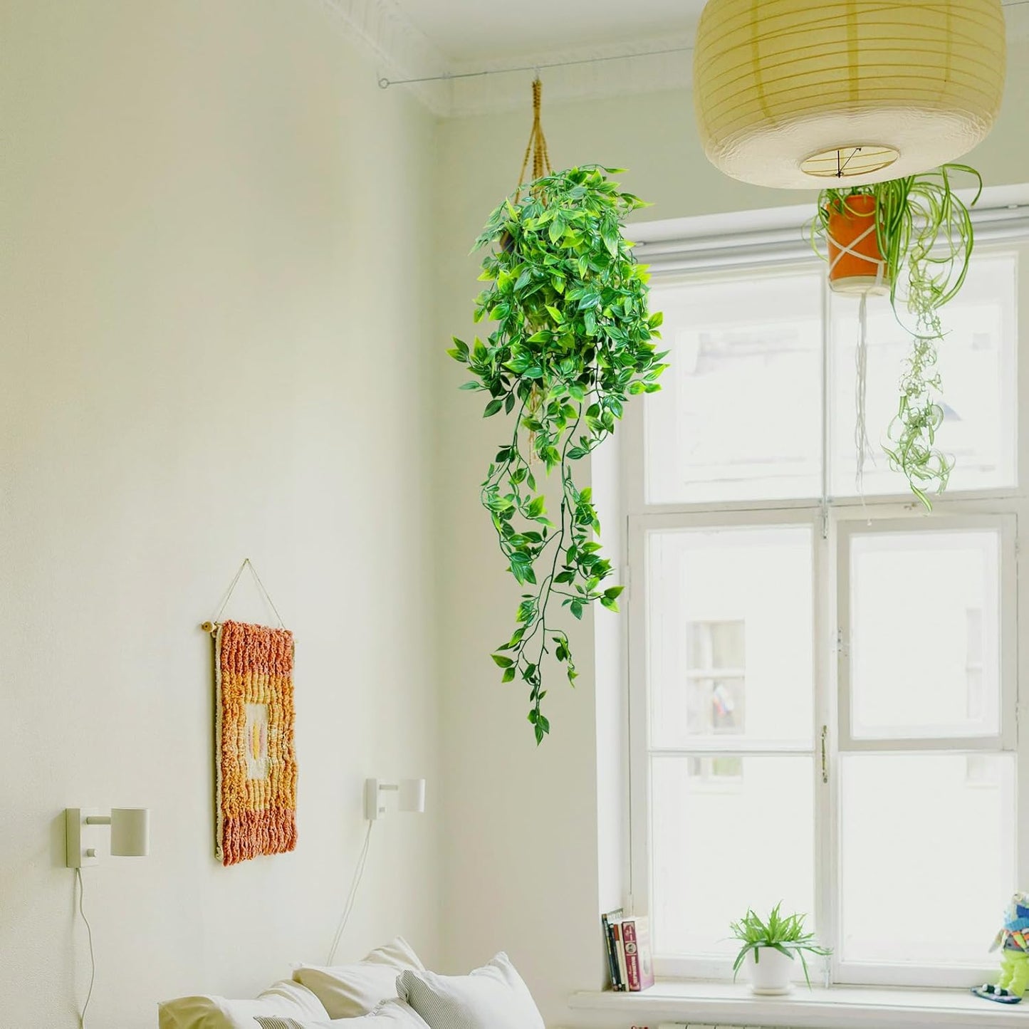 LOYWREE Fake Plants Indoor Artificial String of Pearls Plant in Black Pots, Realistic Green Faux Succulent Hanging Plants for Shelf Decor Desk Home Garden Decorations