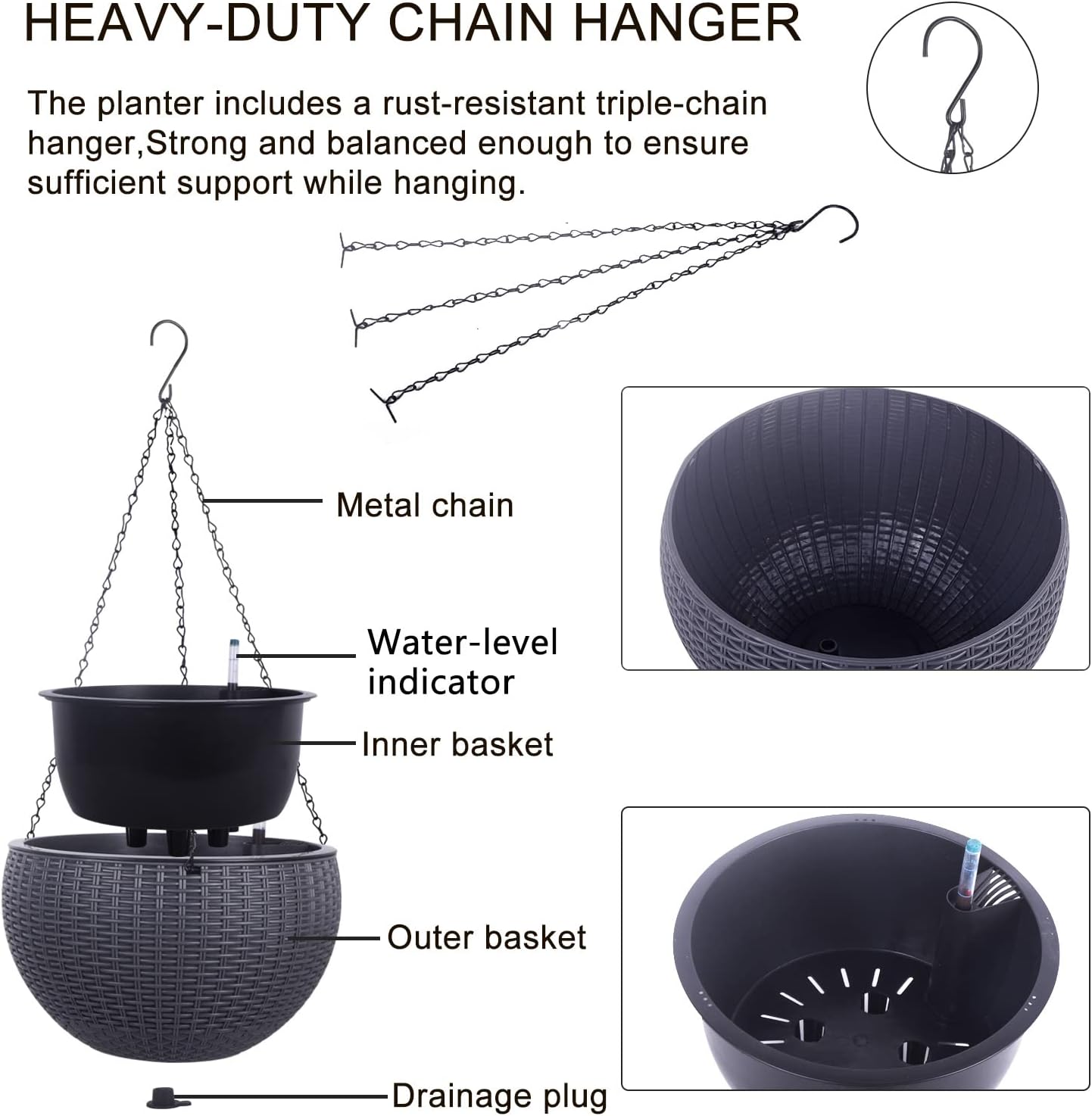 Vencer 11 Inch Round Resin Rattan Hanging Planters,Self Watering Hanging Basket for Indoor Outdoor Plants,Hanging Flower Pots with Drain Hole and Metal Chain,Water Indicator,Coffee,VF-A15-C