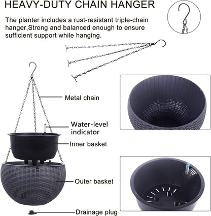 Vencer 11 Inch Round Resin Rattan Hanging Planters,Self Watering Hanging Basket for Indoor Outdoor Plants,Hanging Flower Pots with Drain Hole and Metal Chain,Water Indicator,Coffee,VF-A15-C
