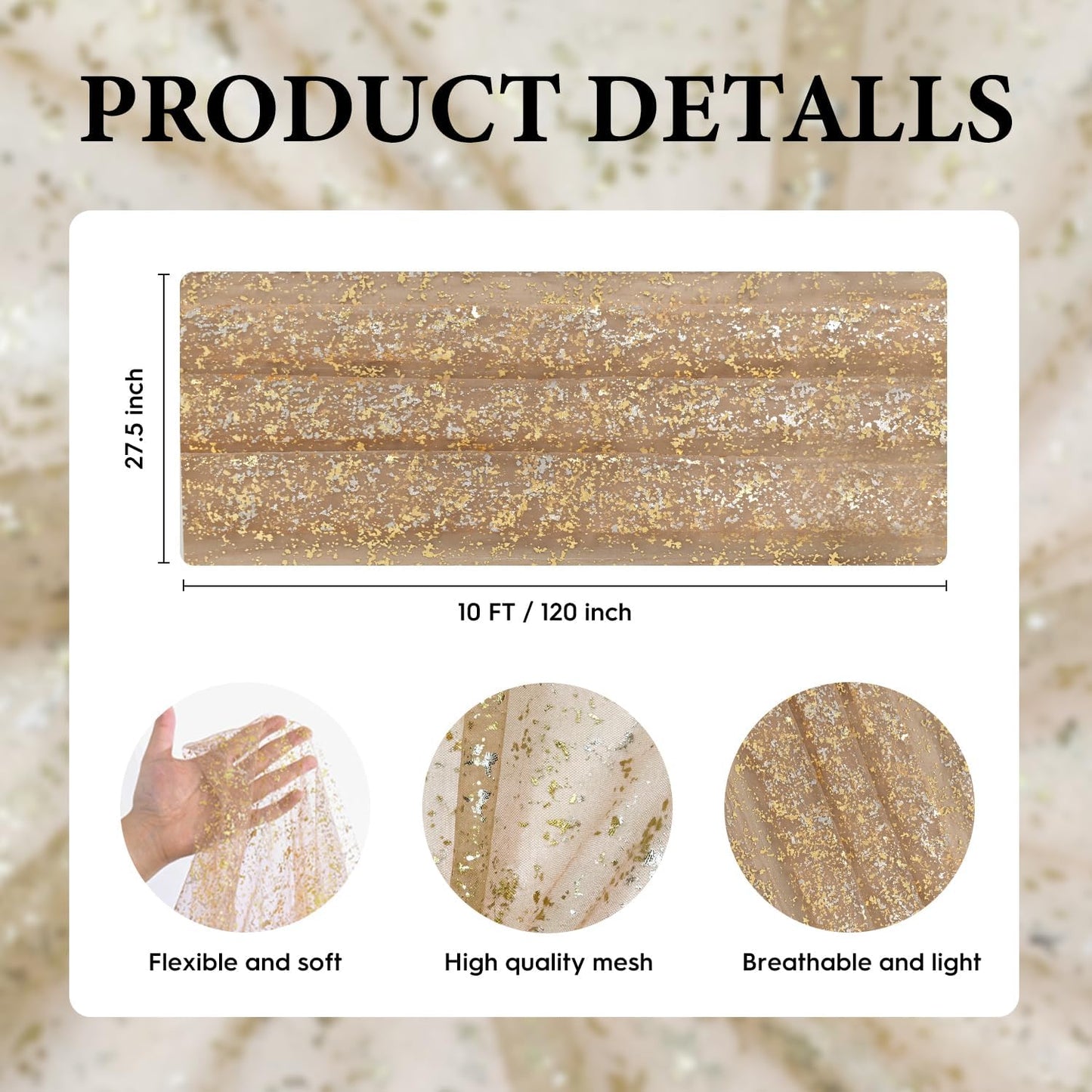 Artoid Mode Beige Gold Gauze Table Runner 120 Inch 10FT, Glitter Metallic Foil Sheer Dining Wedding Anniversary Holiday Birthday Table Decor for Home Party