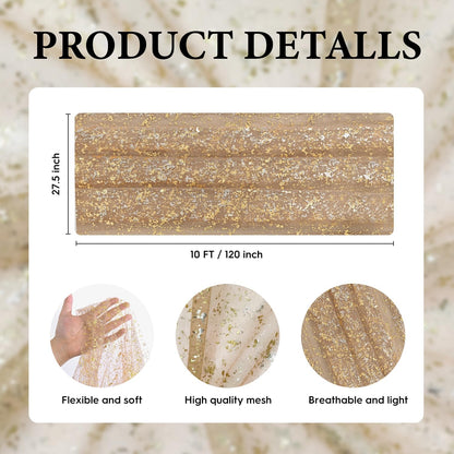 Artoid Mode Beige Gold Gauze Table Runner 120 Inch 10FT, Glitter Metallic Foil Sheer Dining Wedding Anniversary Holiday Birthday Table Decor for Home Party