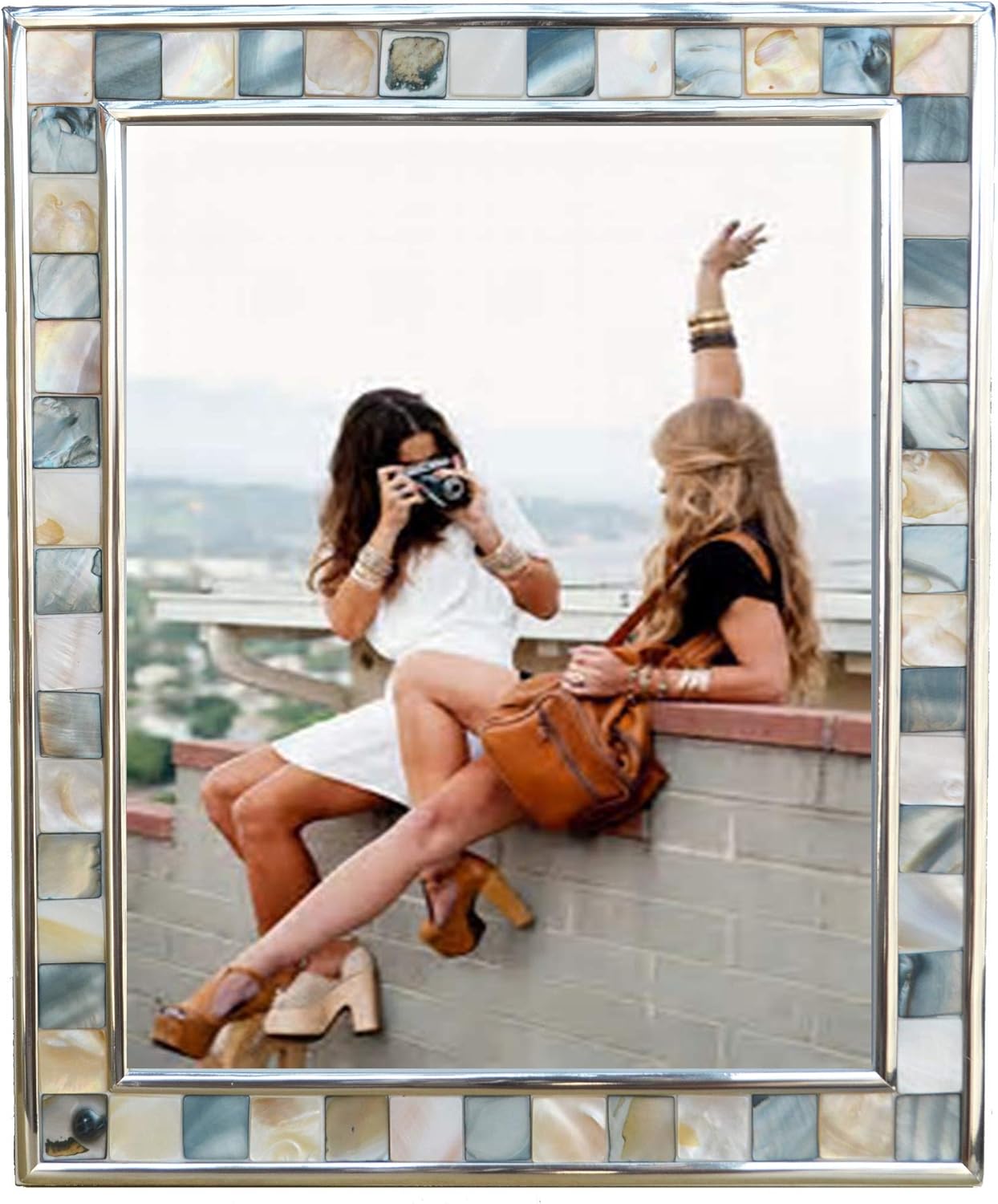 Silver Plate Picture Frame 5x7 Mother of Pearl 5 by 7 Photo Frame Mosaic Glass Tabletop Frame (Grey+ White,1pc)