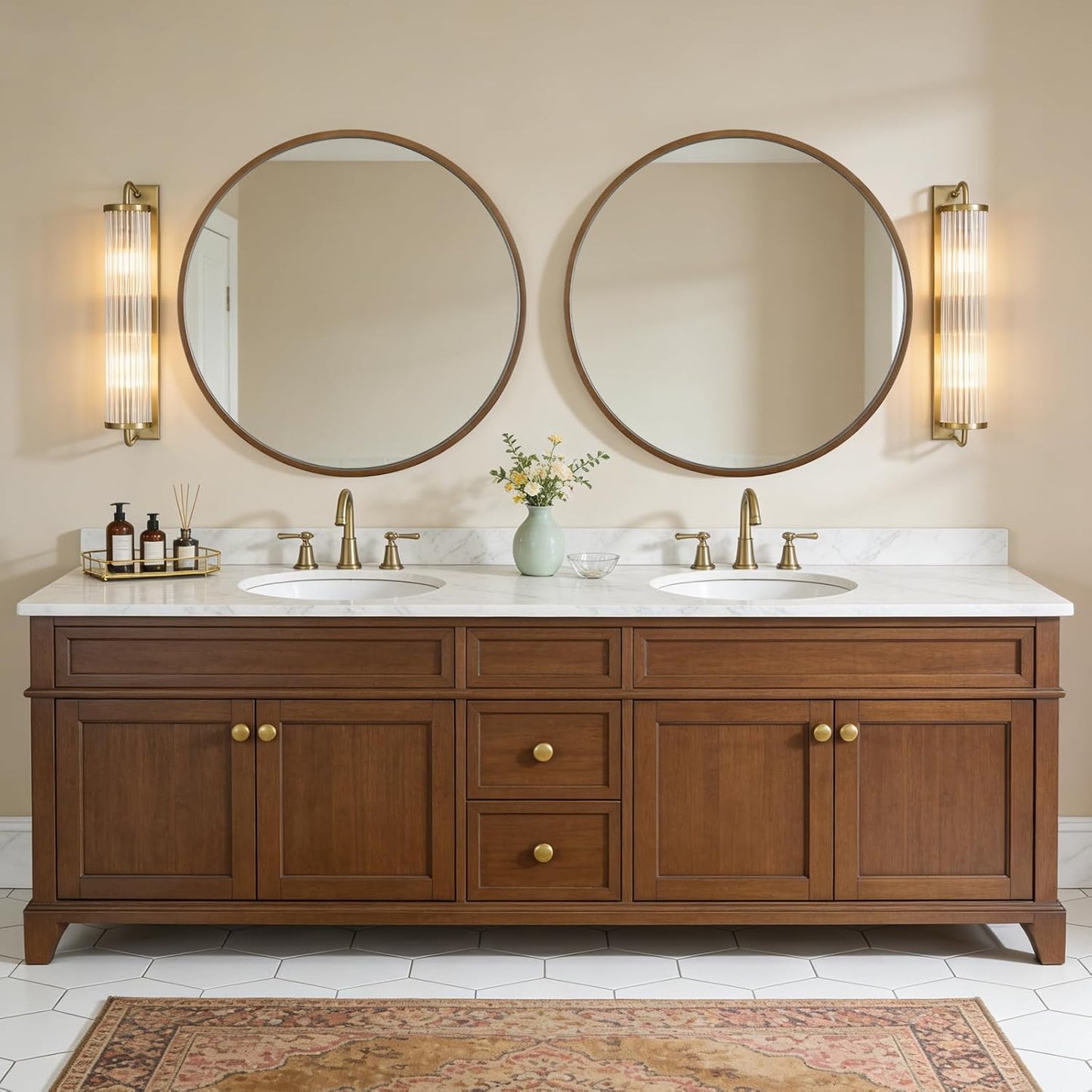 WallBeyond Wood Round Mirror with Wood Frame 24 inch Circle Wall Mirror for Bathroom Round Wall Mirror for Wall Decor, Vanity, Entryway Living Room (Walnut)