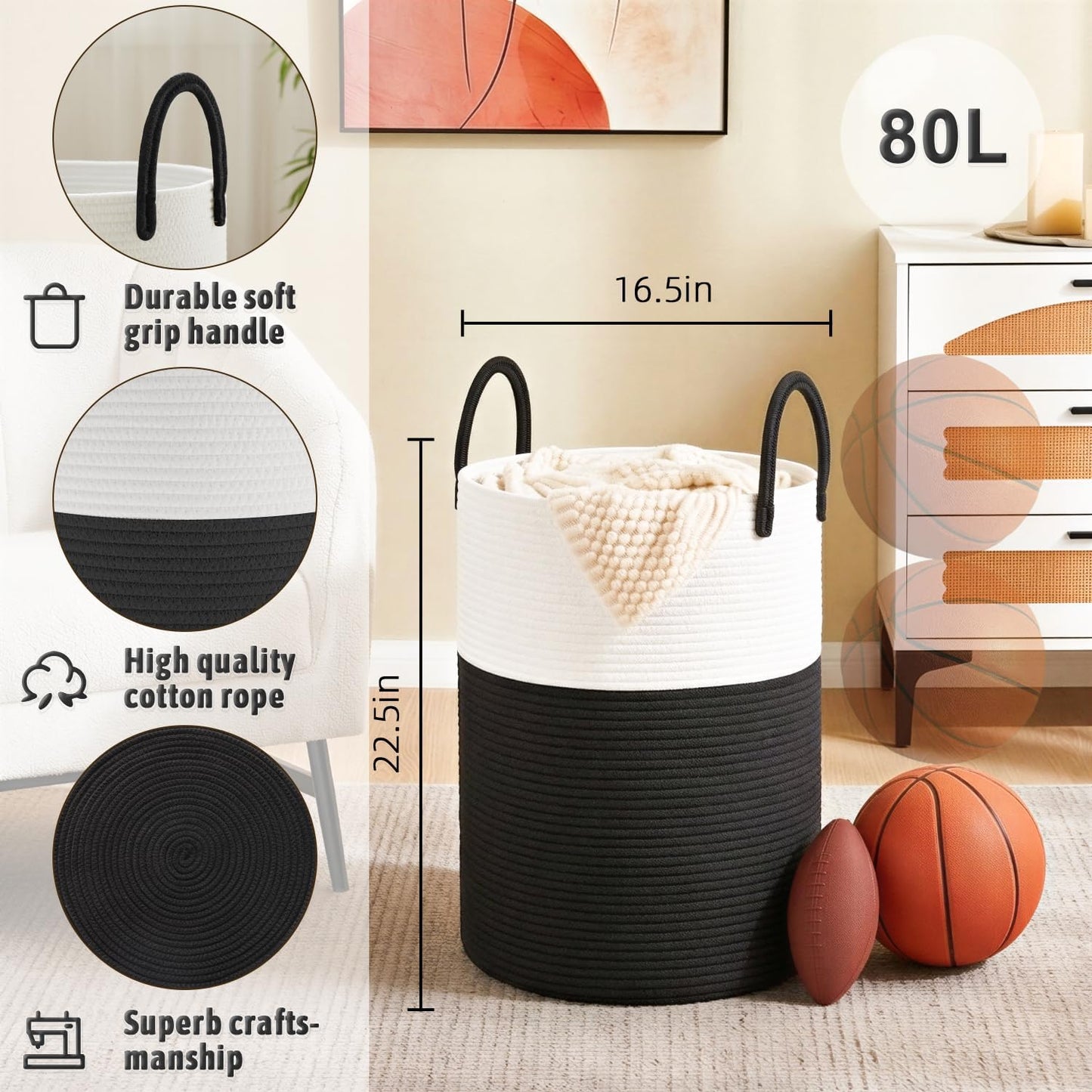 Artfeel Laundry Basket,Woven Cotton Rope Laundry Hamper,60L for Decor Storage of Dirty Clothes,Toys and Blankets in Bathroom,Baby Room and Living Room