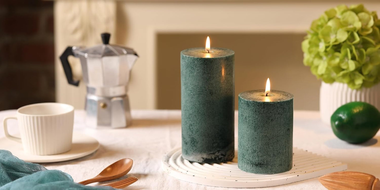 3x4 inch Green Pillar Candles Set of 3, Unscented Pillar Candle, Dripless and Smokeless Large Candles, Candle for Home Decor, Dinner Table,Weddings, Holidays