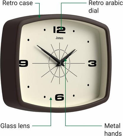 JONES CLOCKS® Movie wall Clock | Retro Rectangular Clock | 10 inch | Orange | Cool mid-Century Designer Look for Kitchen, Living Room or Office