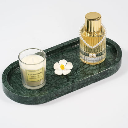 Marble Perfume Tray with Legs - Oval Decorative Stone Pedestal for Bathroom Vanity Coffee Table Kitchen Countertop, Footed Jewelry Candle Organizers Catchall Plate Riser with Scalloped Feet