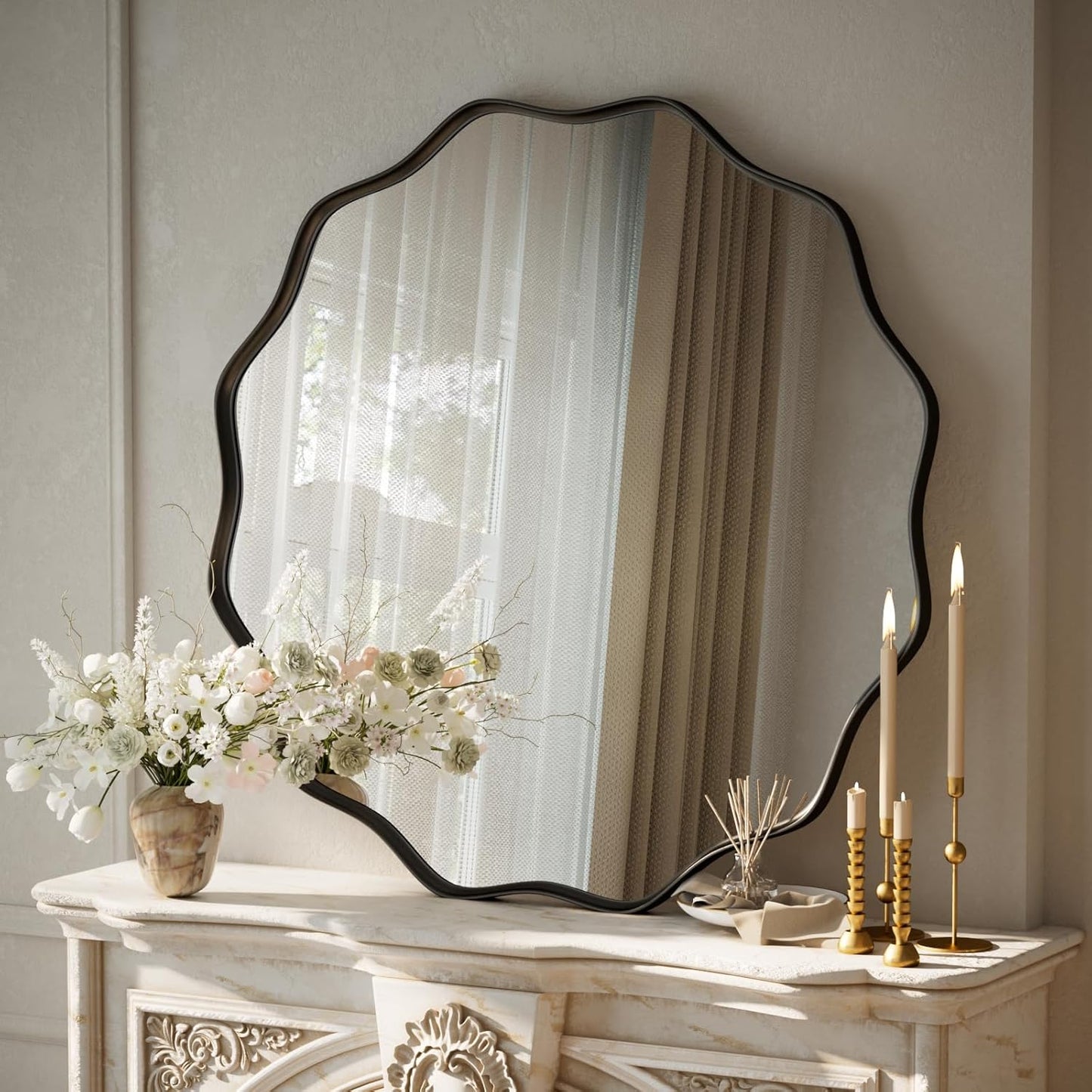 VooBang Black Scalloped Large Circle Mirror, 42" Wavy Edge Round Wall Mirror with Tempered Glass Textured Circular Metal Deep Frame, Hanging Leaning for Bathroom, Hallway, Entryway, Livng Room