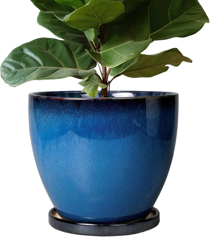 10 Inch Ceramic Planter Pot Round Plant Pot for Indoor Plants Outdoor Large Flower Pot with Drainage Hole and Saucer Blue