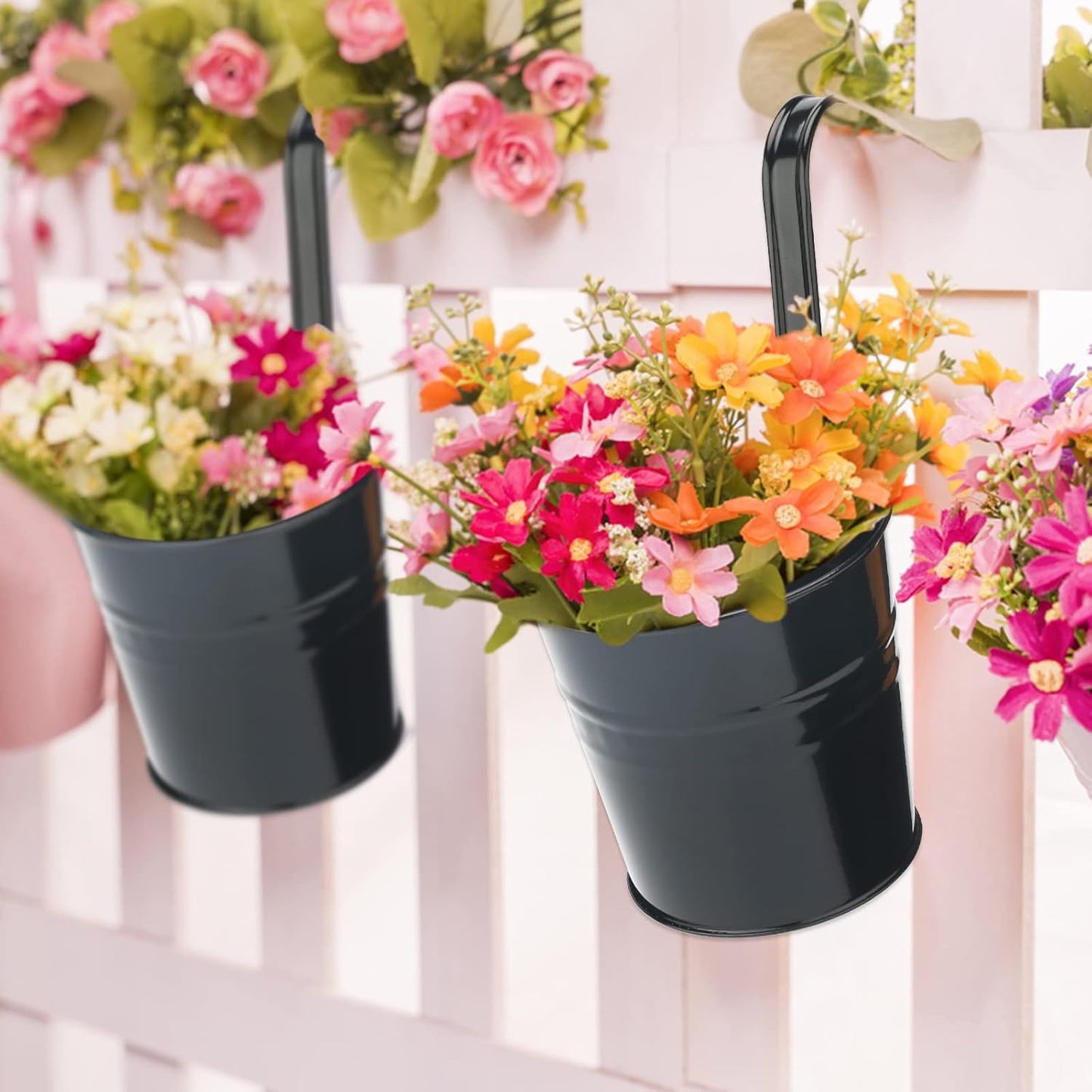 KINGLAKE Flower Pots,10 Pcs Metal Iron Hanging Flower Plant Pots Balcony Garden Plant Planter Baskets Fence Bucket Pot 4'' Flower Holders with Detachable Hook
