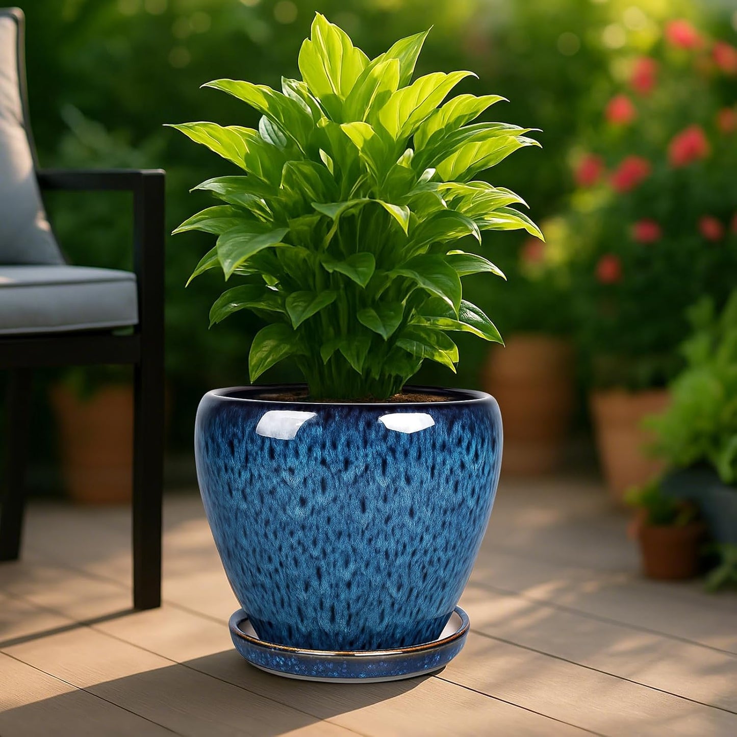 Deep Dream 6 Inch Plant Pots- Ceramic Planter Pot with Drainage Hole and Saucer, Round Flower Pot for Indoor Outdoor Succulent, Snake Plants and Cactus, Blue