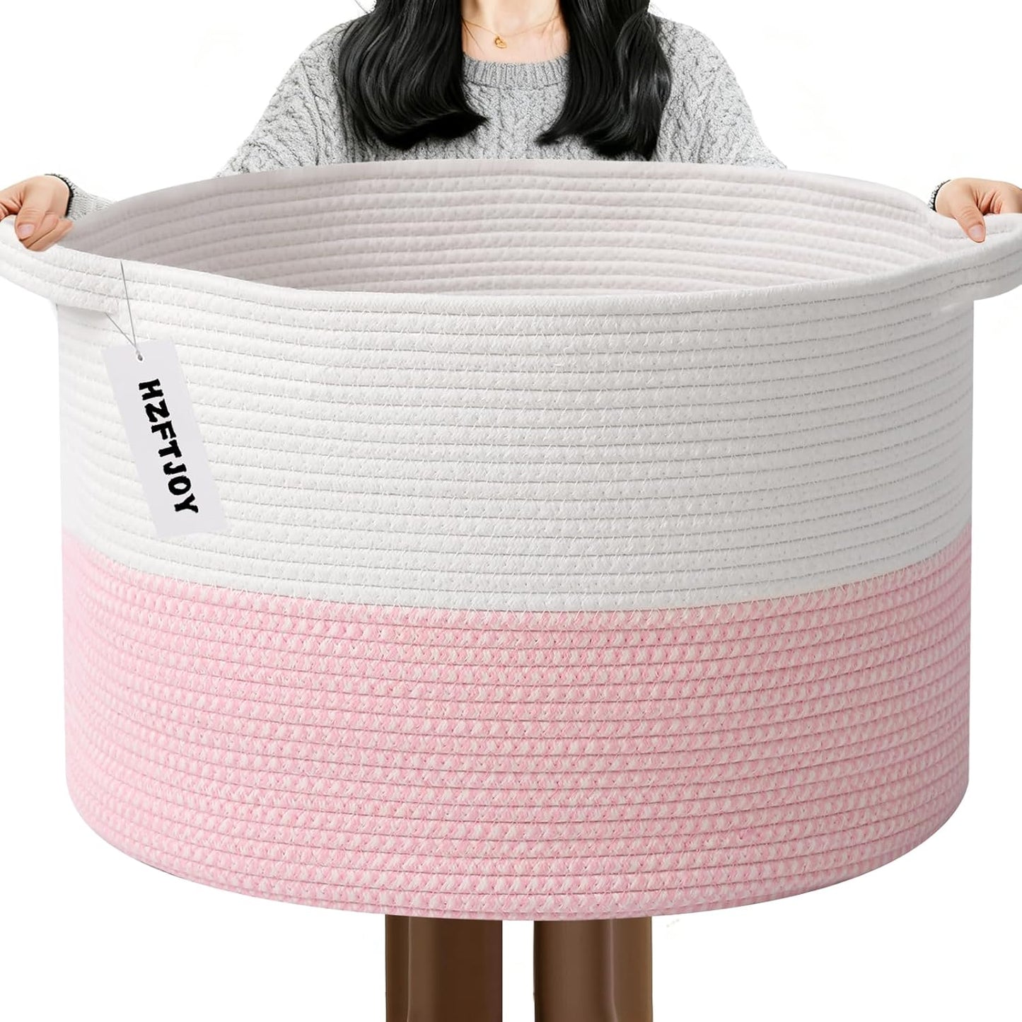 Large Woven Blanket Basket,65L Cotton Rope Laundry Basket Hamper with Handles, Decorative Nursery Basket Storage Bin for Toys, Clothes Organizer, Living Room, Bedroom, Bathroom, White & Brown