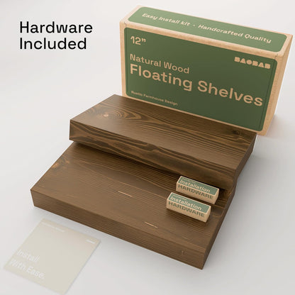 BAOBAB WORKSHOP Wood Floating Shelves for Wall Mounted, 16 inch Walnut Floating Shelf for Bathroom, Solid Wooden Wall Shelves for Kitchen Bedroom Farmhouse, Walnut Finish, 16 x 6.7, Set of 2
