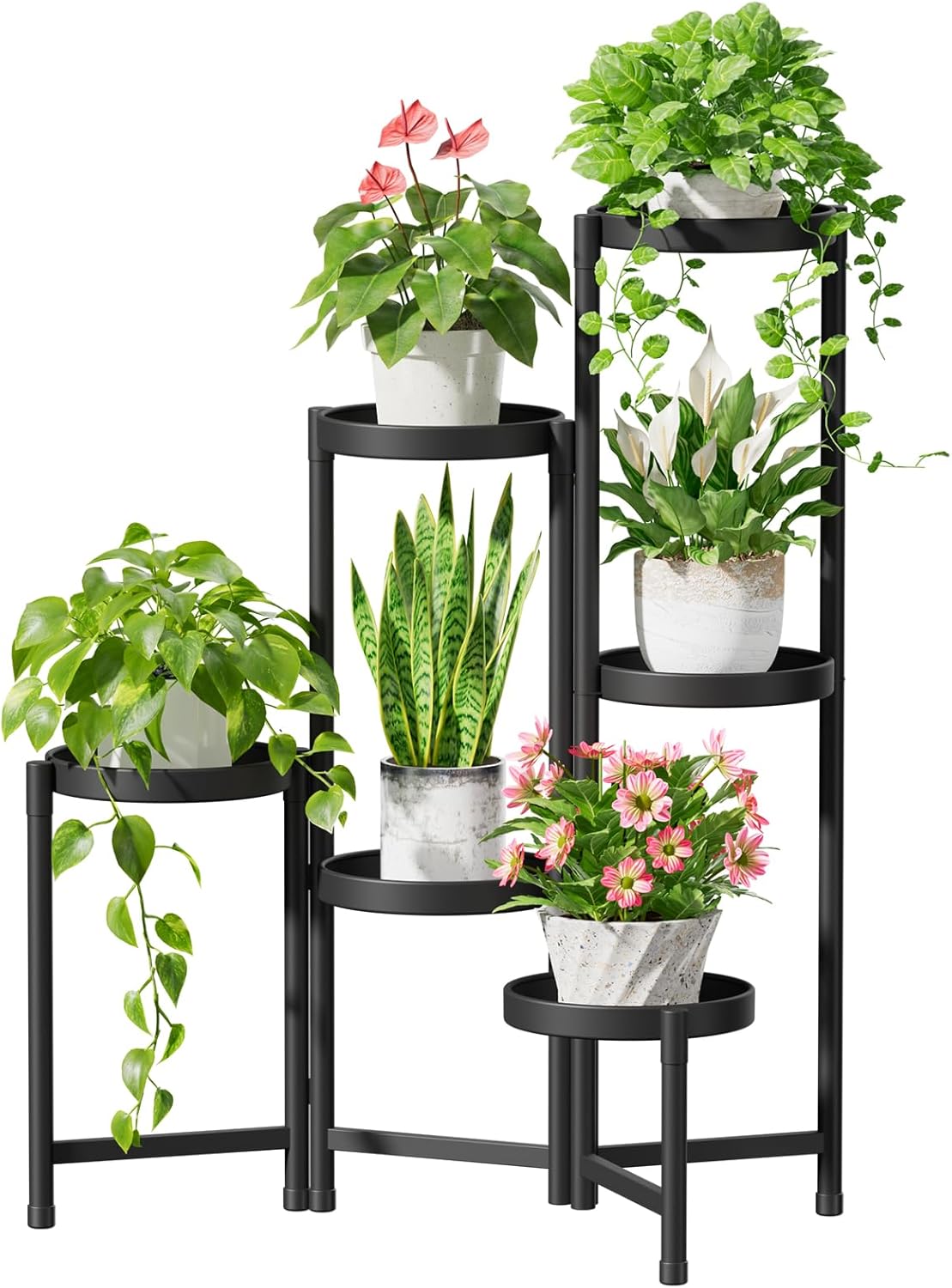 iDavosic.ly Plant Stand Indoor Outdoor, 5 Tier Corner Metal Flower Display Holder Shelf, Folding Tall Orchid Rack for Patio Balcony Porch Garden Living Room House, Black