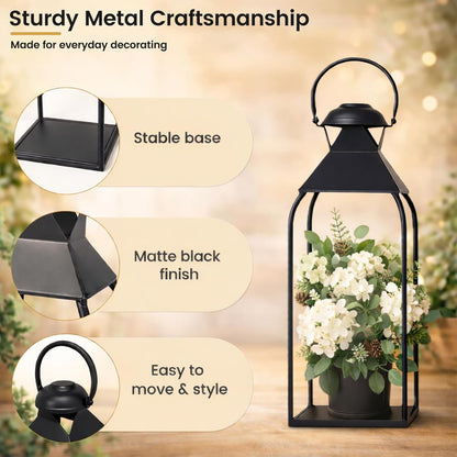 Decorative Metal Lanterns Indoor Outdoor, Set of 3 Farmhouse Lantern Holders Without Candles for Porch, Patio, Fireplace, Floor, Wedding & Holiday Table Centerpiece (Black, 20" 15.7" 12")